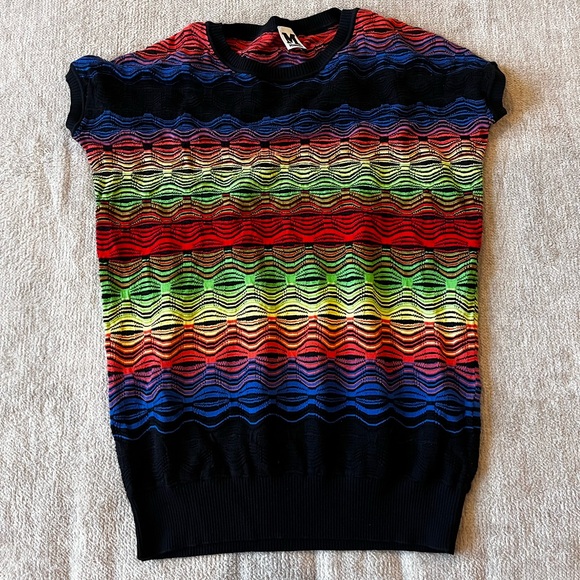 Missoni Italy Wavy Zig Zag Knit Tunic Tee T Shirt Chevron Colorful Rainbow L - Picture 1 of 5